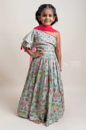 Beautiful Green Floral Printed Ruffled Bottom Choli Set For Young Girls