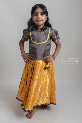 Beautiful Traditional Brown Silk Blouse With Yellow Banarasi jacquard Pleated Designer Pattu Pavadai For Girls