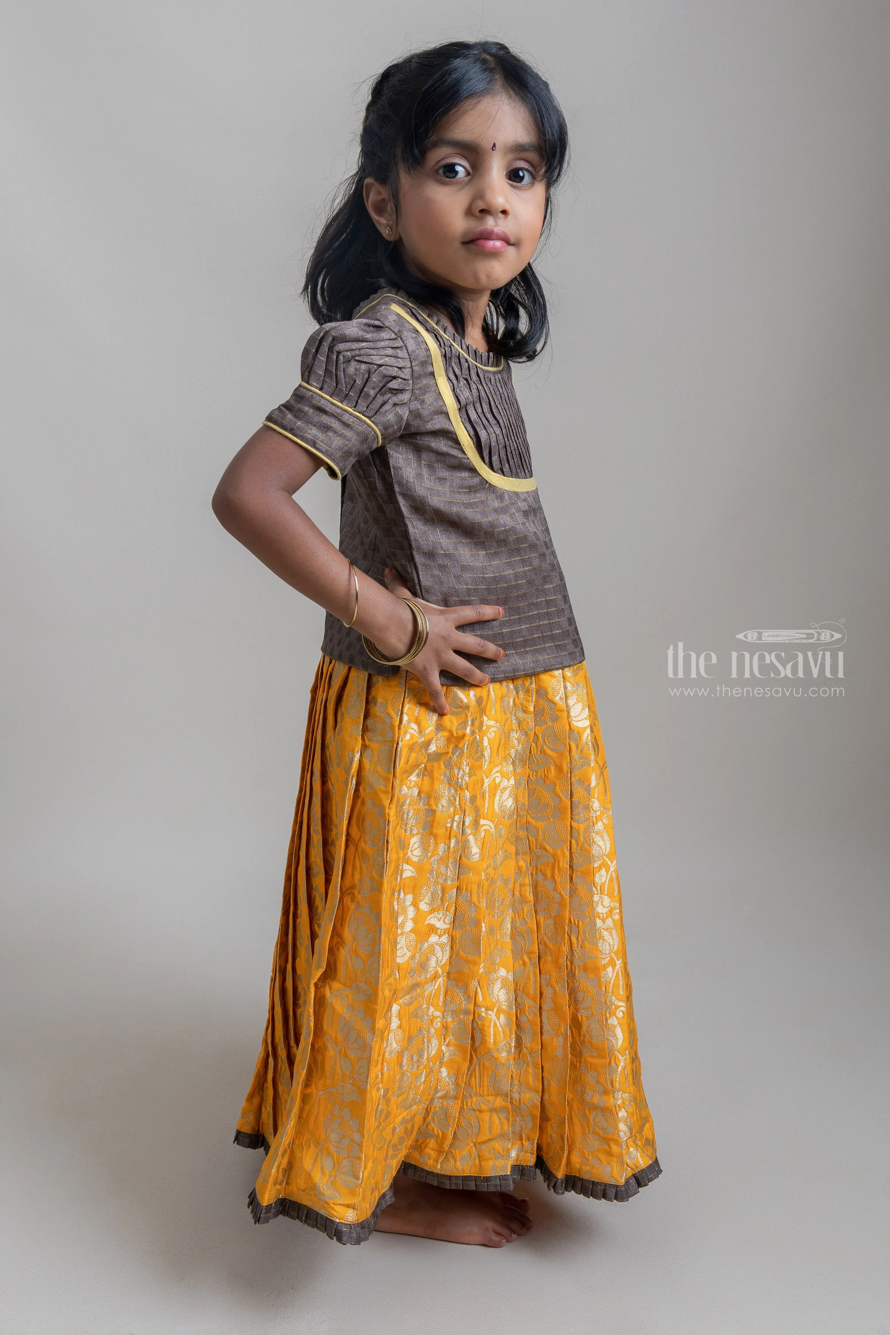 Beautiful Traditional Brown Silk Blouse With Yellow Banarasi jacquard Pleated Designer Pattu Pavadai For Girls