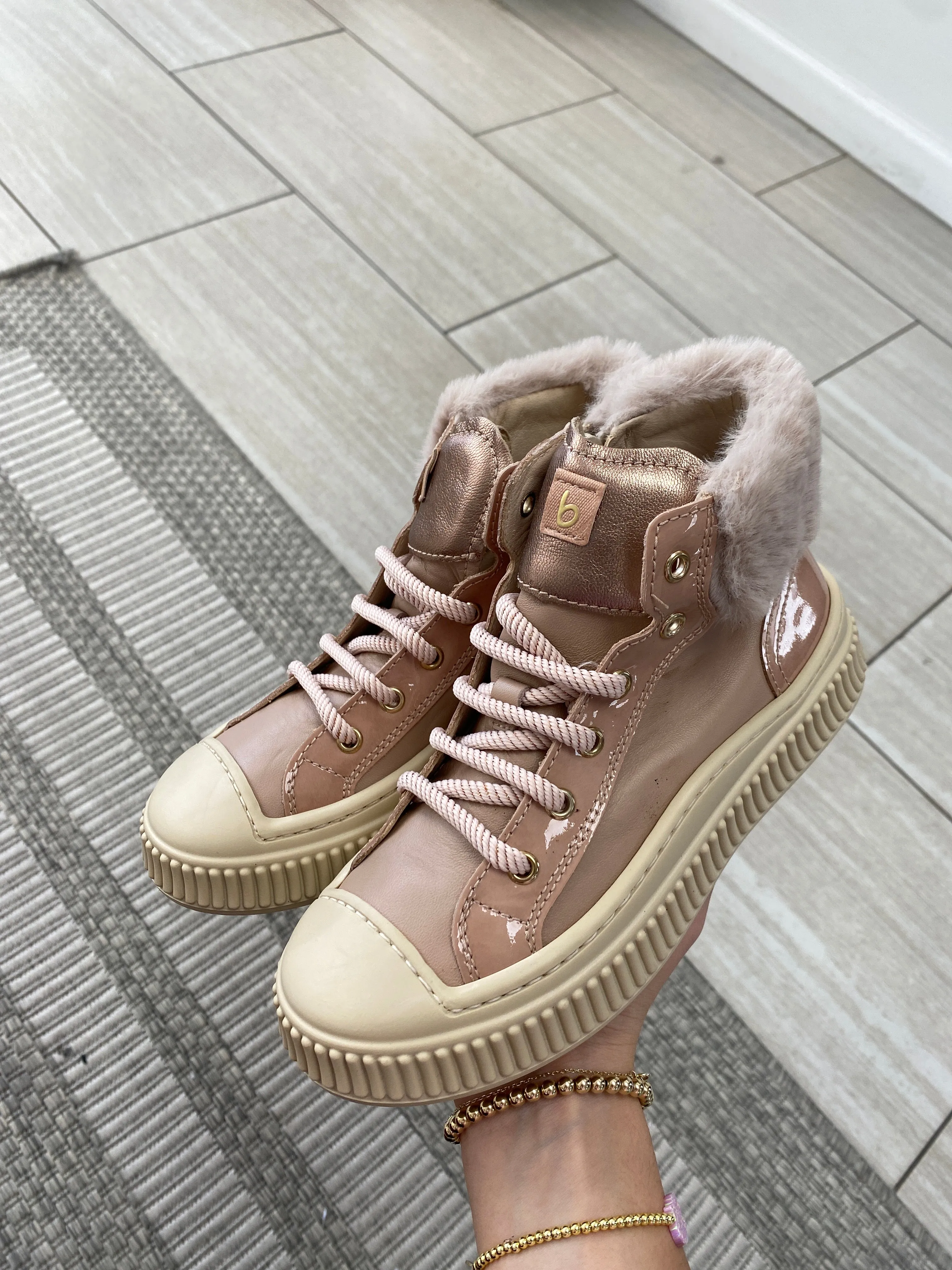 Beberlis Nude Patent Fur Hi Top Sneaker