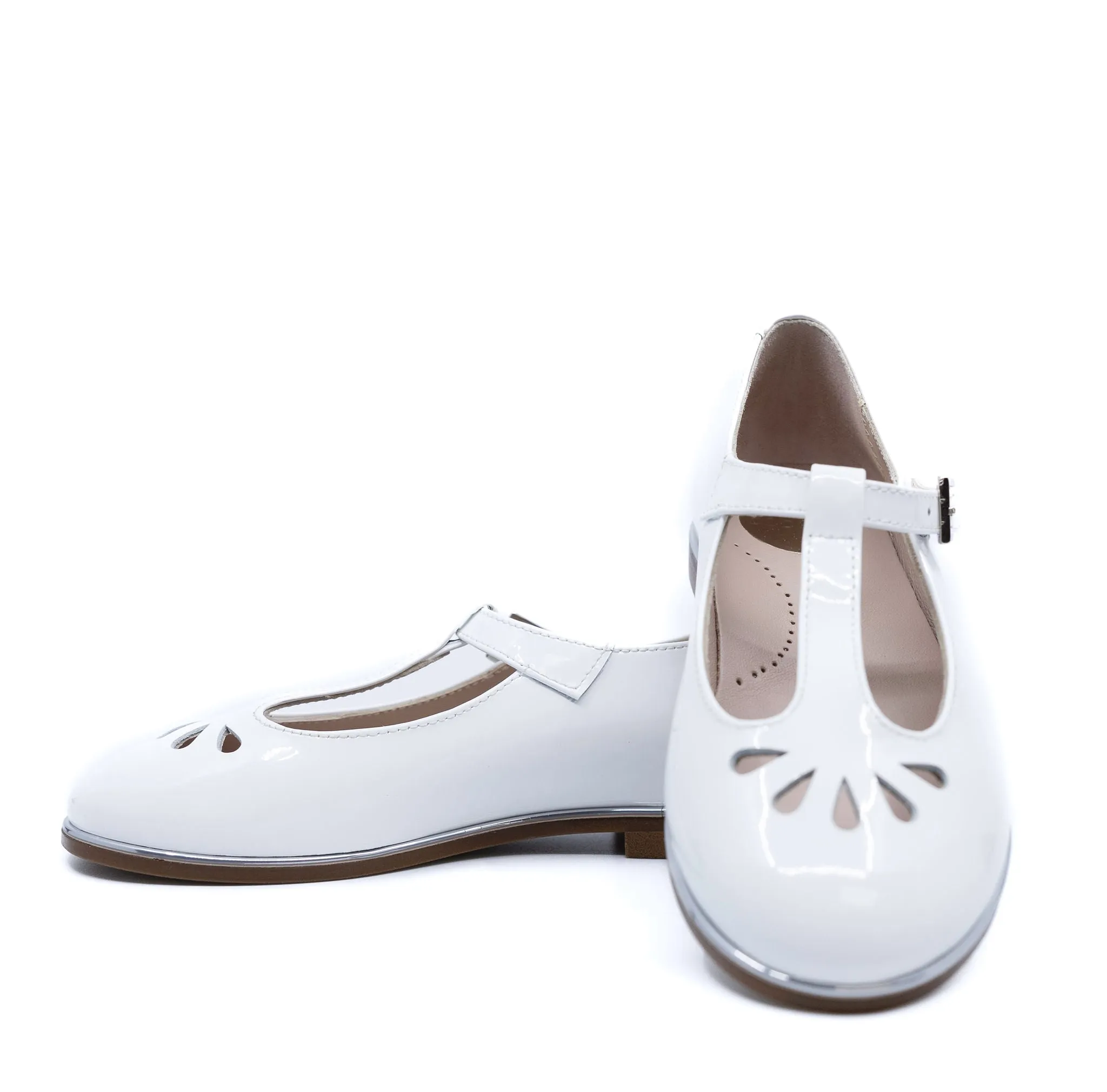 Beberlis White Patent Perforated T Strap Mary Jane