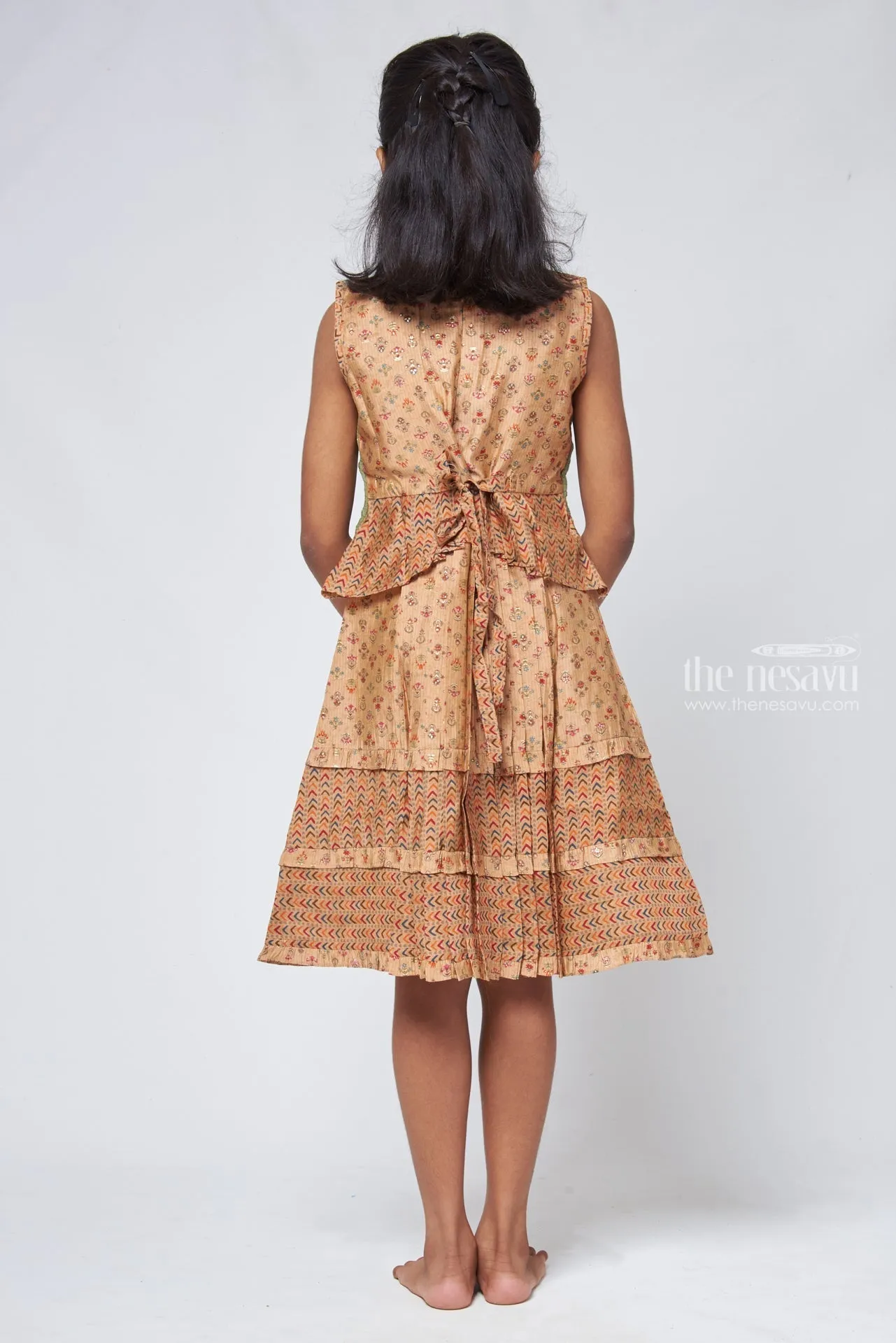 Beige Geometrical Pleated Cotton Frock with Green Overcoat - Designer Girls Attire