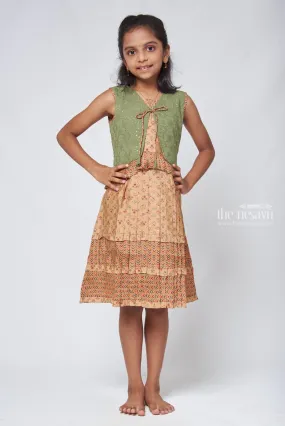 Beige Geometrical Pleated Cotton Frock with Green Overcoat - Designer Girls Attire