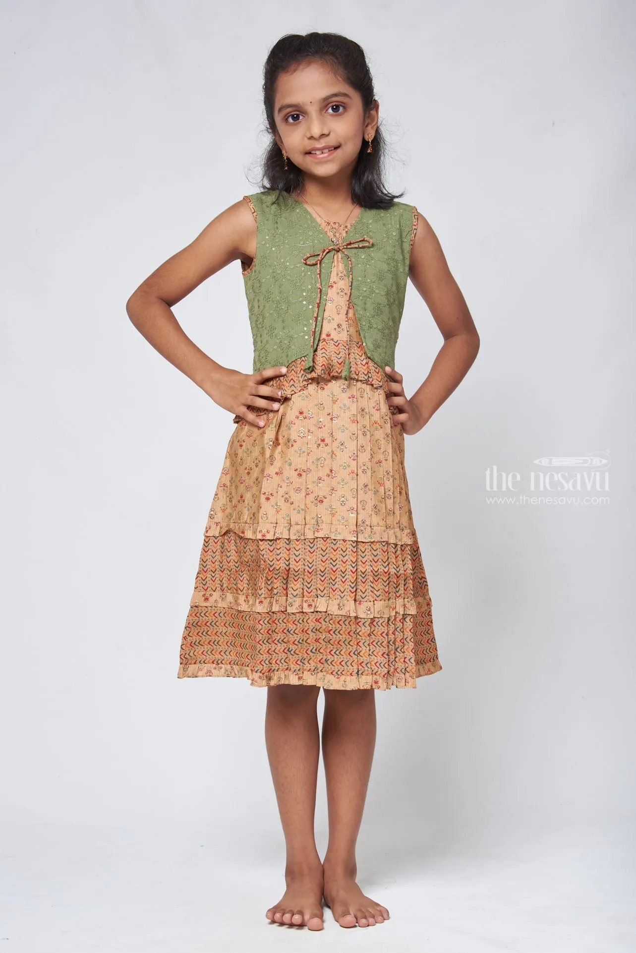 Beige Geometrical Pleated Cotton Frock with Green Overcoat - Designer Girls Attire