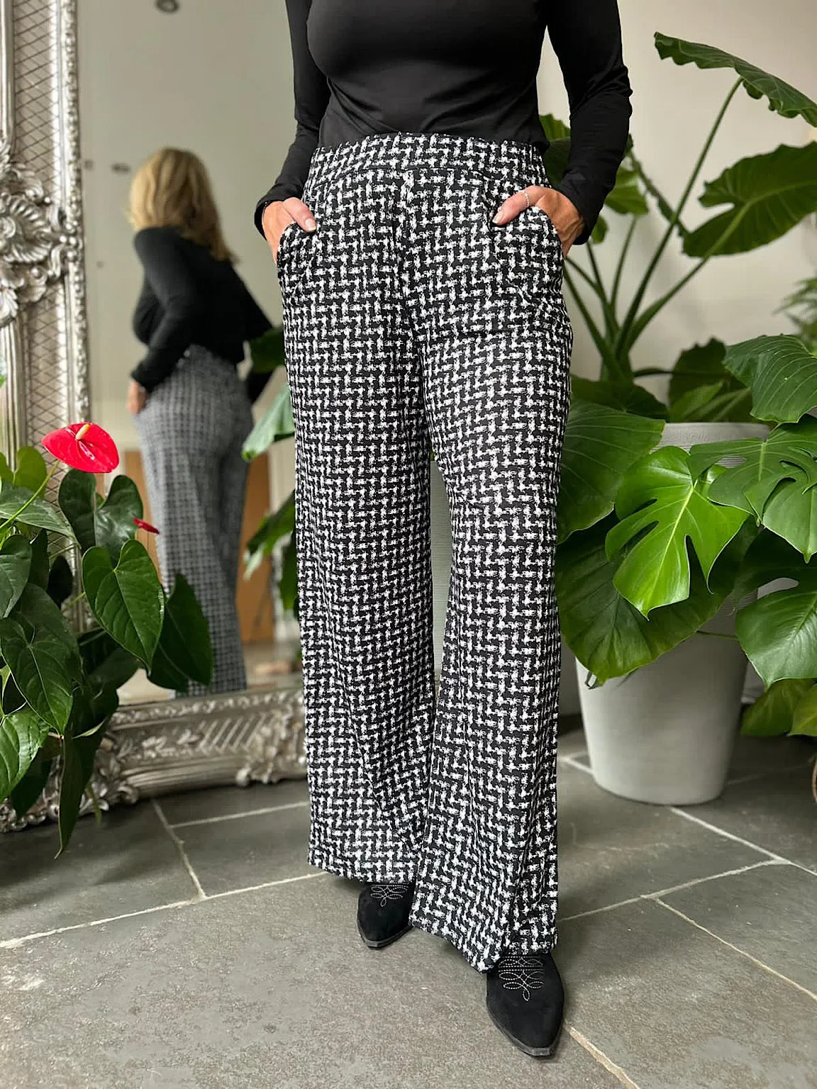 Black Check Print Super Soft Wide Leg Trousers