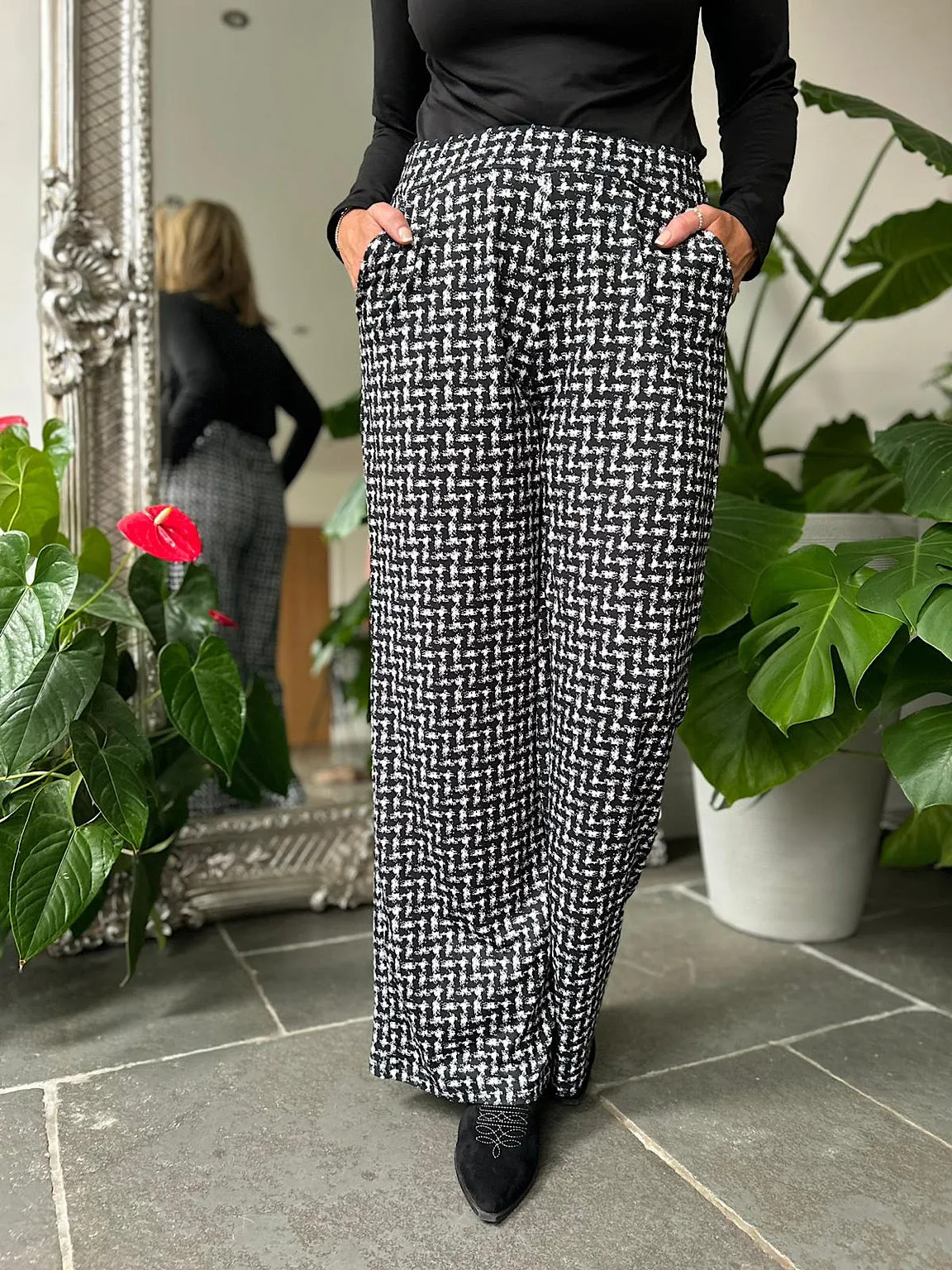 Black Check Print Super Soft Wide Leg Trousers