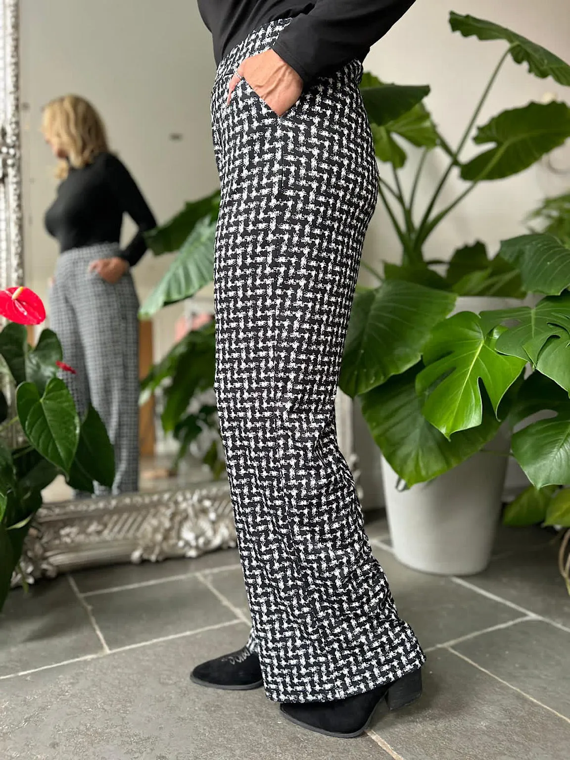 Black Check Print Super Soft Wide Leg Trousers