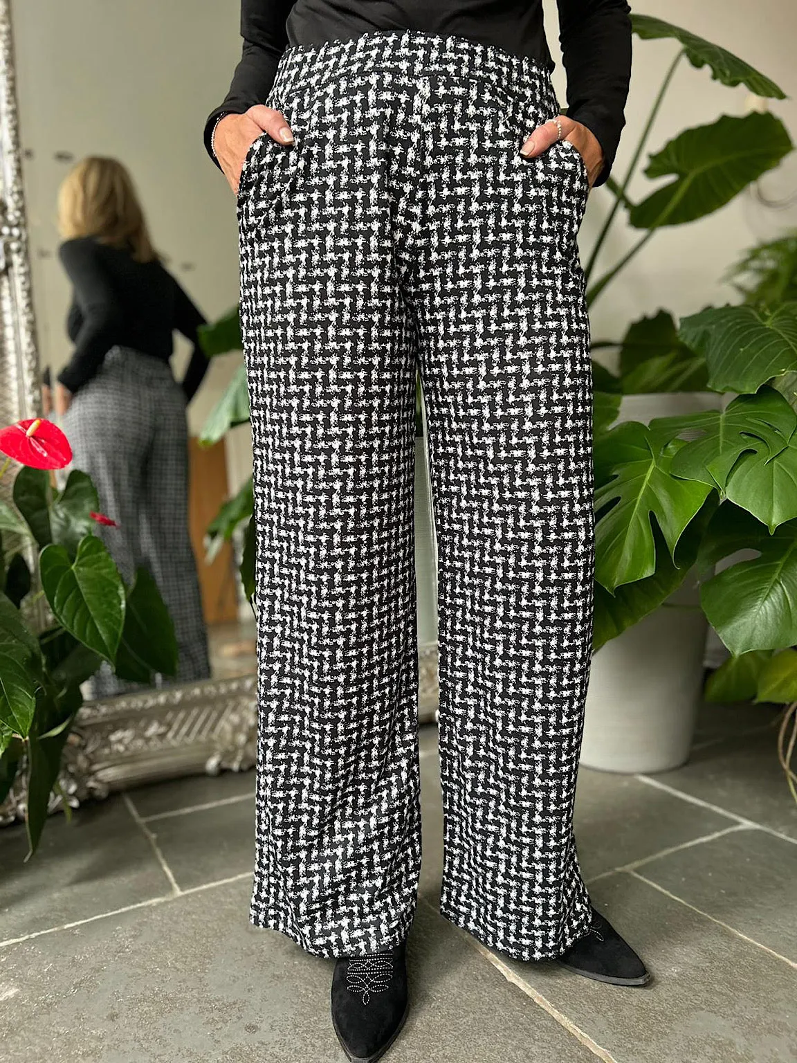 Black Check Print Super Soft Wide Leg Trousers