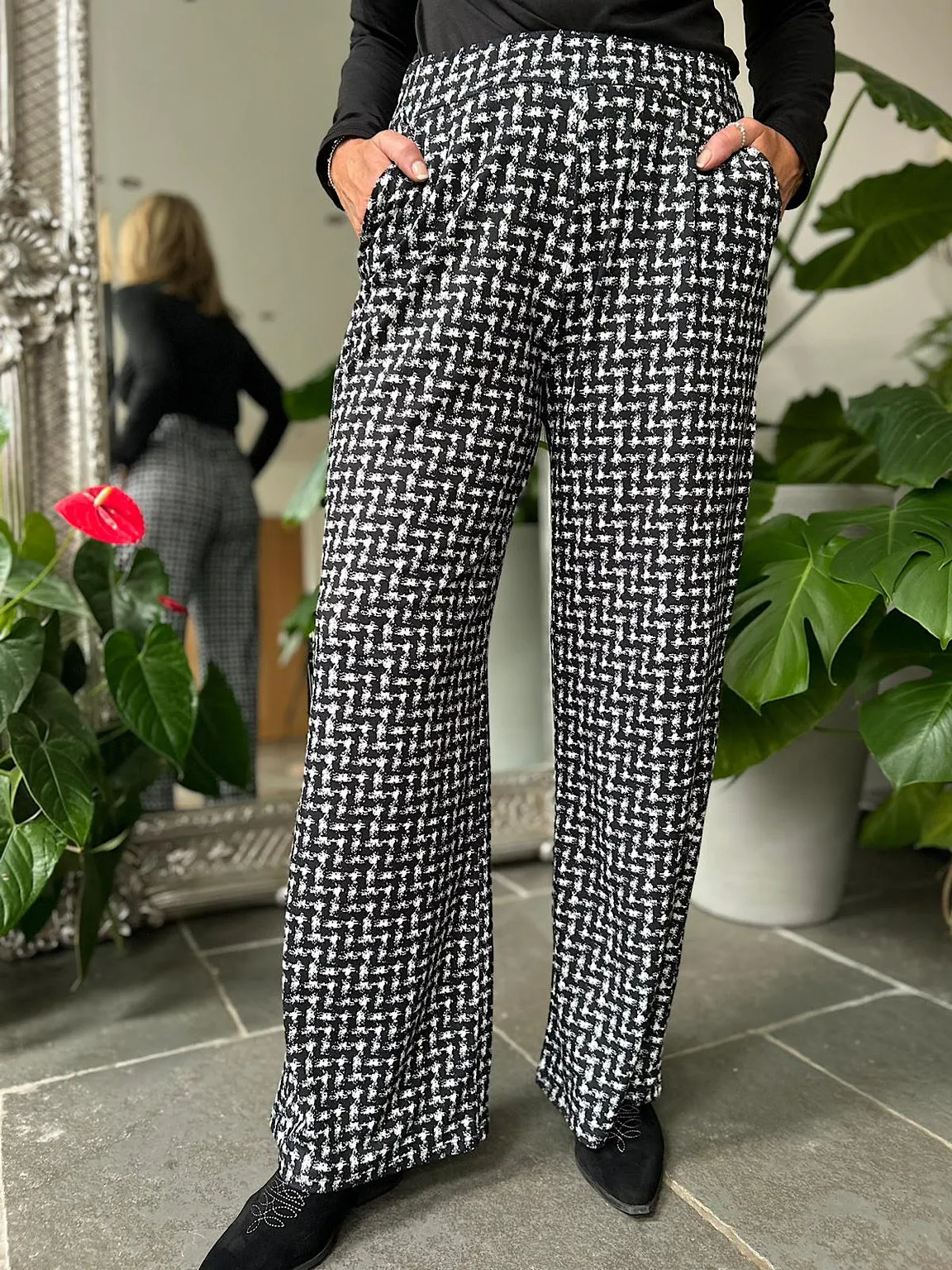 Black Check Print Super Soft Wide Leg Trousers