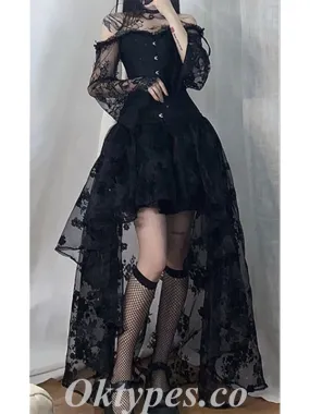 Black Satin And Lace Off Shoulder Long Sleeve High Low A-Line Prom Dresses/Homecoming Dresses,SFPD0574