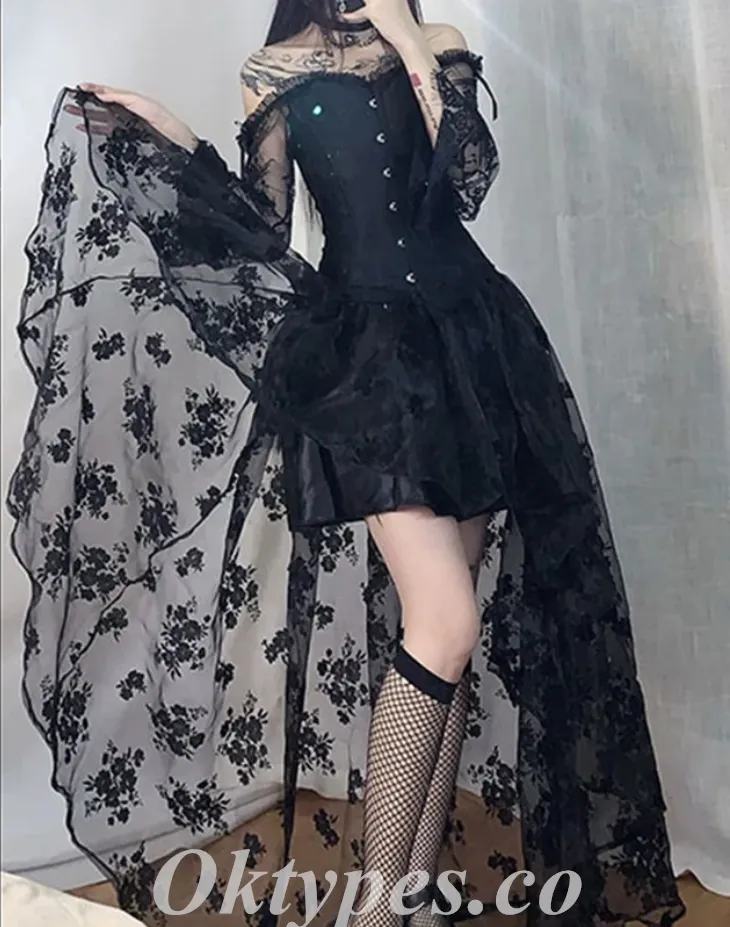 Black Satin And Lace Off Shoulder Long Sleeve High Low A-Line Prom Dresses/Homecoming Dresses,SFPD0574