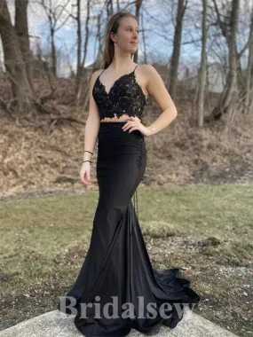 Black Spaghetti Straps Two Pieces Elegant Mermaid Formal Long Evening Prom Dresses PD1056