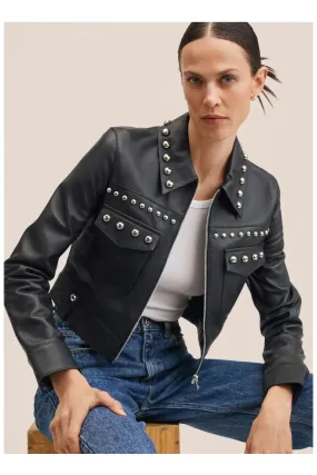 Black Women style Silver Spiked Studded Retro Motorcycle Leather Jacket