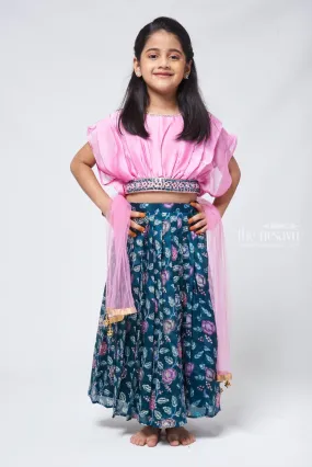 Blossom Green: Girls Floral Lehanga Choli with Pleated Pink Blouse