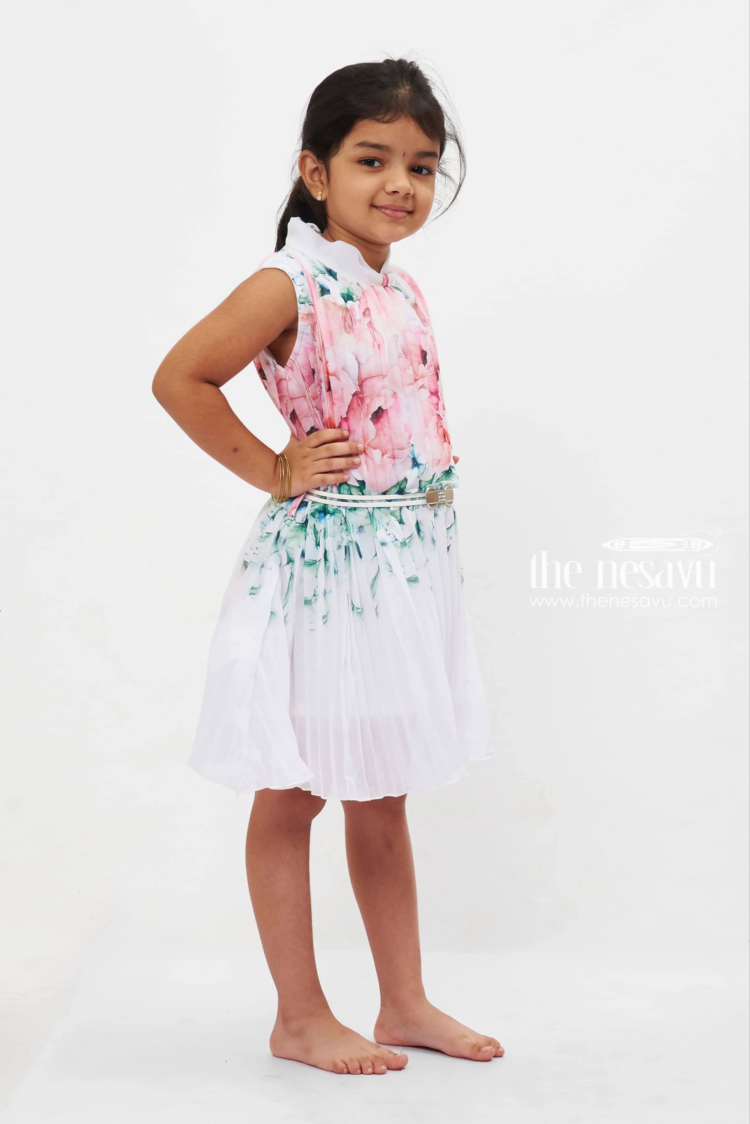 Blossom Splash Pleated Frock: Sleeveless Watercolor Floral for Girls