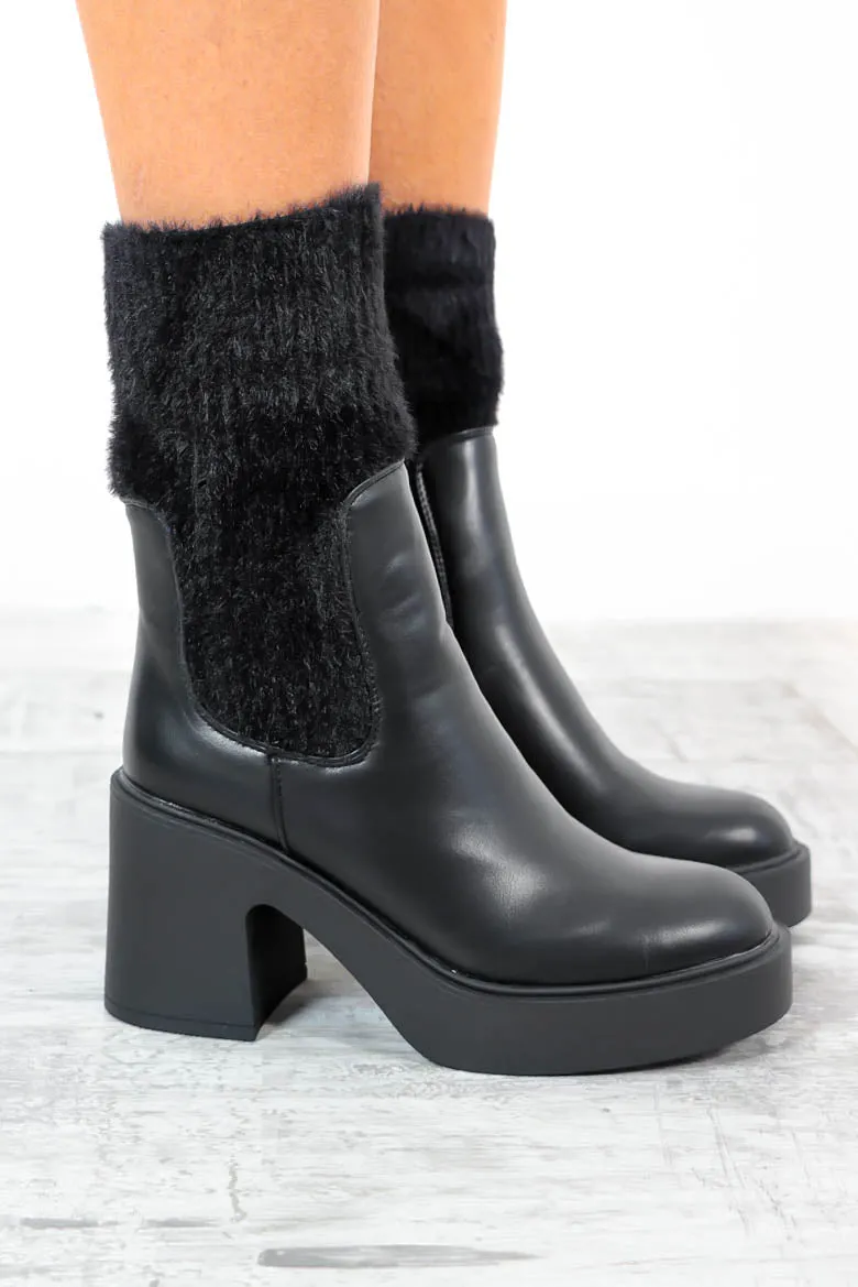 Boot Off - Black Faux Leather Heeled Sock Boot