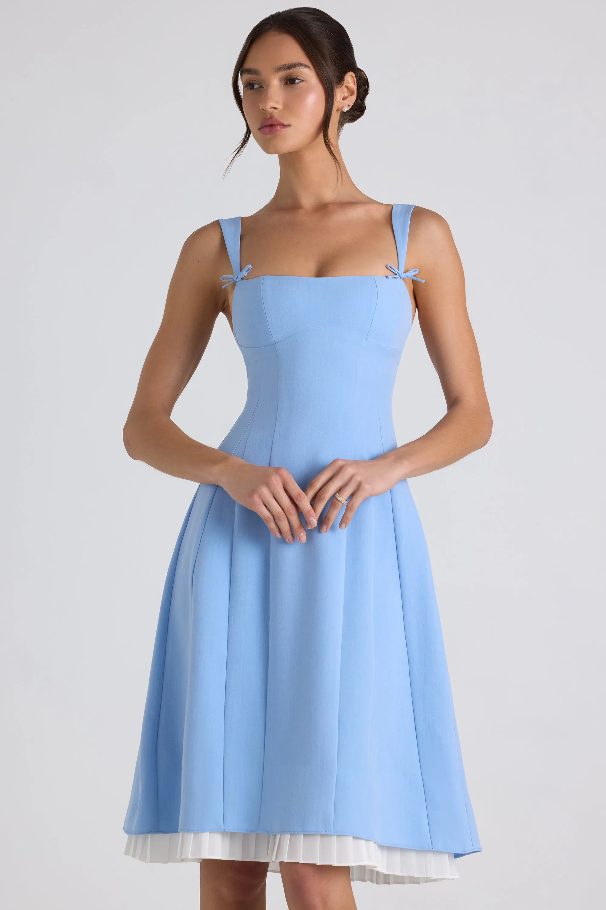 Bow-Detail Pleated A-Line Midi Dress in Sky Blue