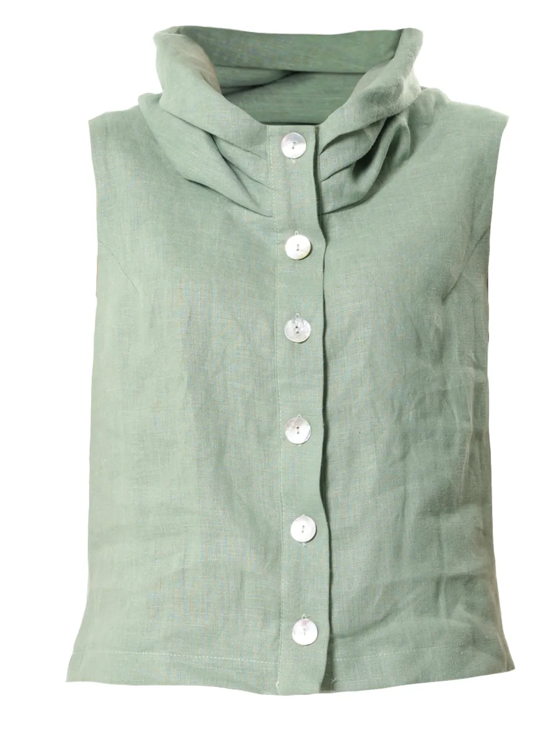 Buttoned Sleeveless Linen Top In Light Green