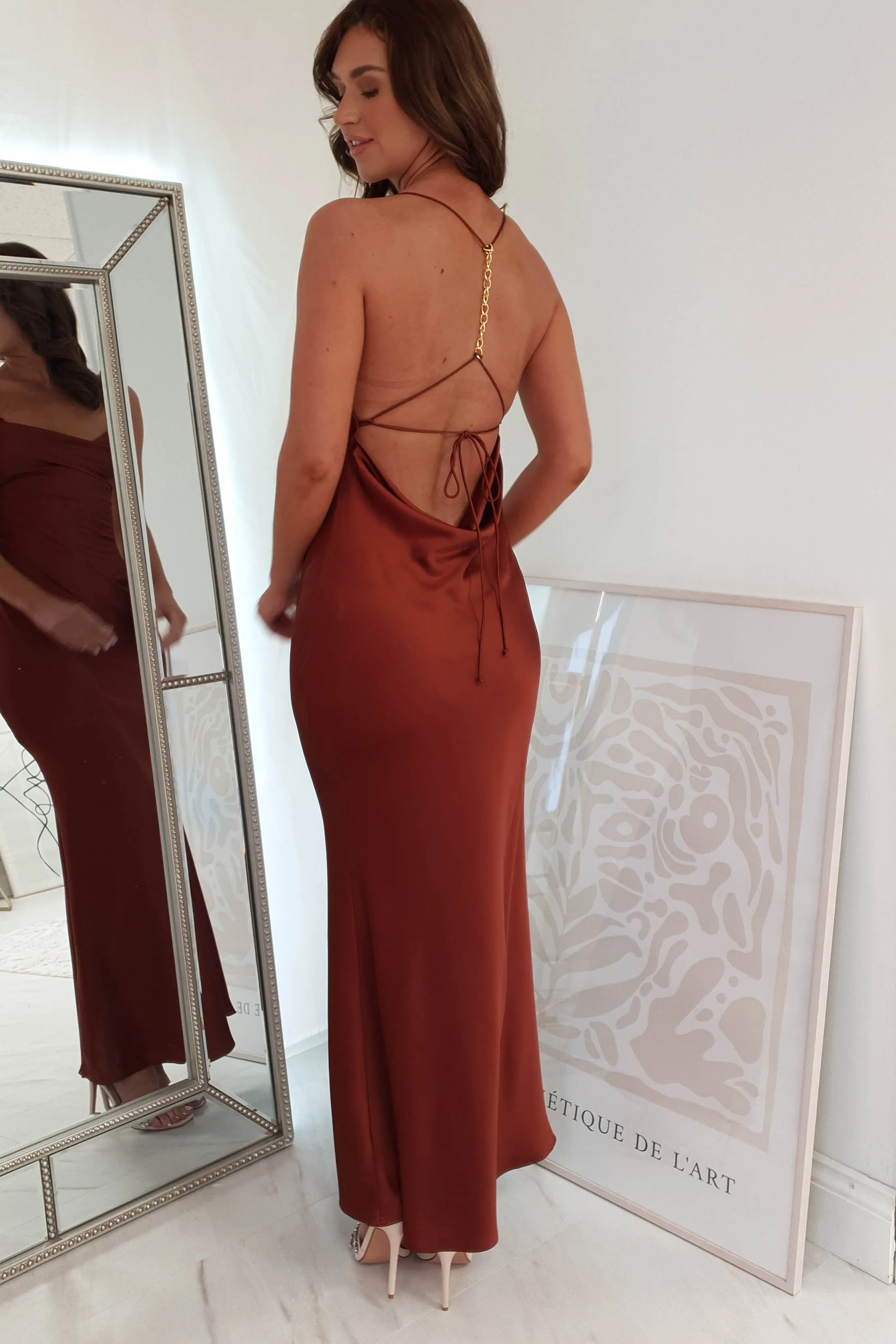 Celeste Satin Chain Detail Maxi Dress | Rust