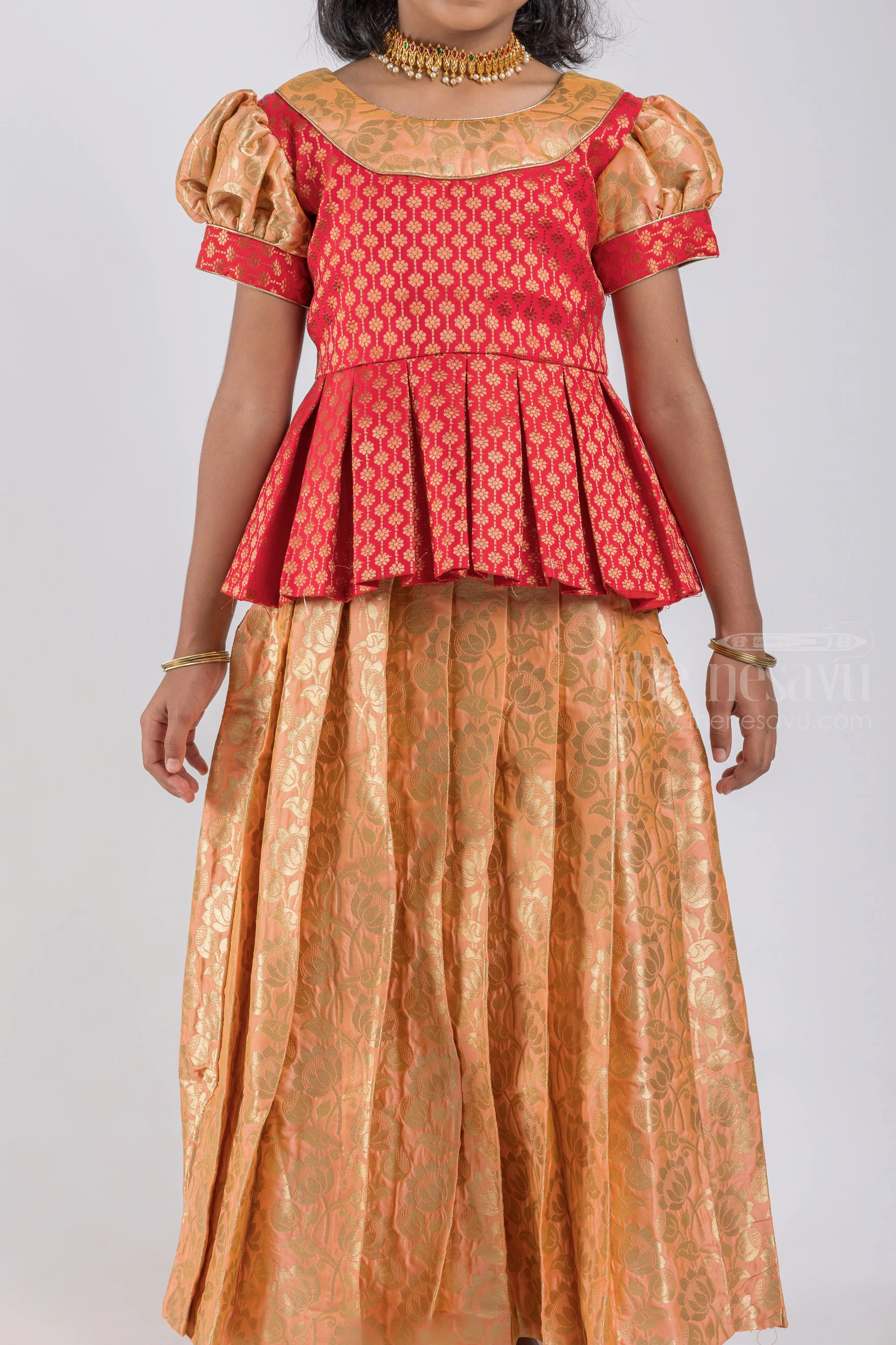 Charming Red Floral Designer Pleated Skirt And Beige Pleated Pattu Pavadai For Girls