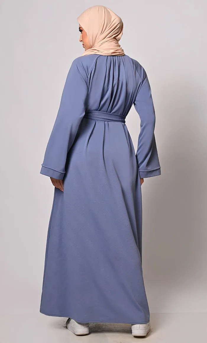 Chic Pleats and Belt:  Blue Abaya with Pockets