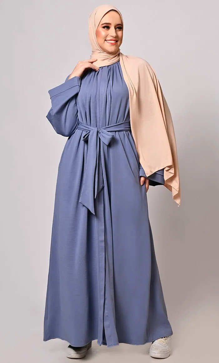 Chic Pleats and Belt:  Blue Abaya with Pockets