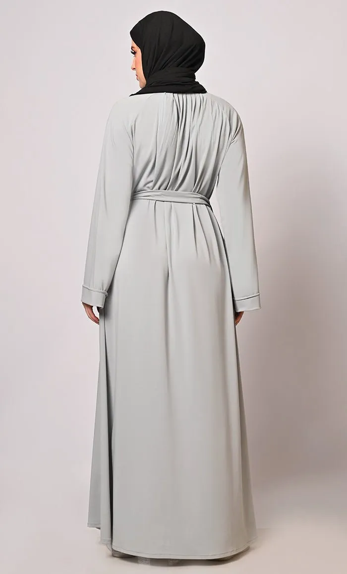 Chic Pleats and Belt: Grey Abaya with Pockets