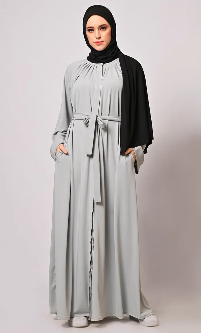 Chic Pleats and Belt: Grey Abaya with Pockets