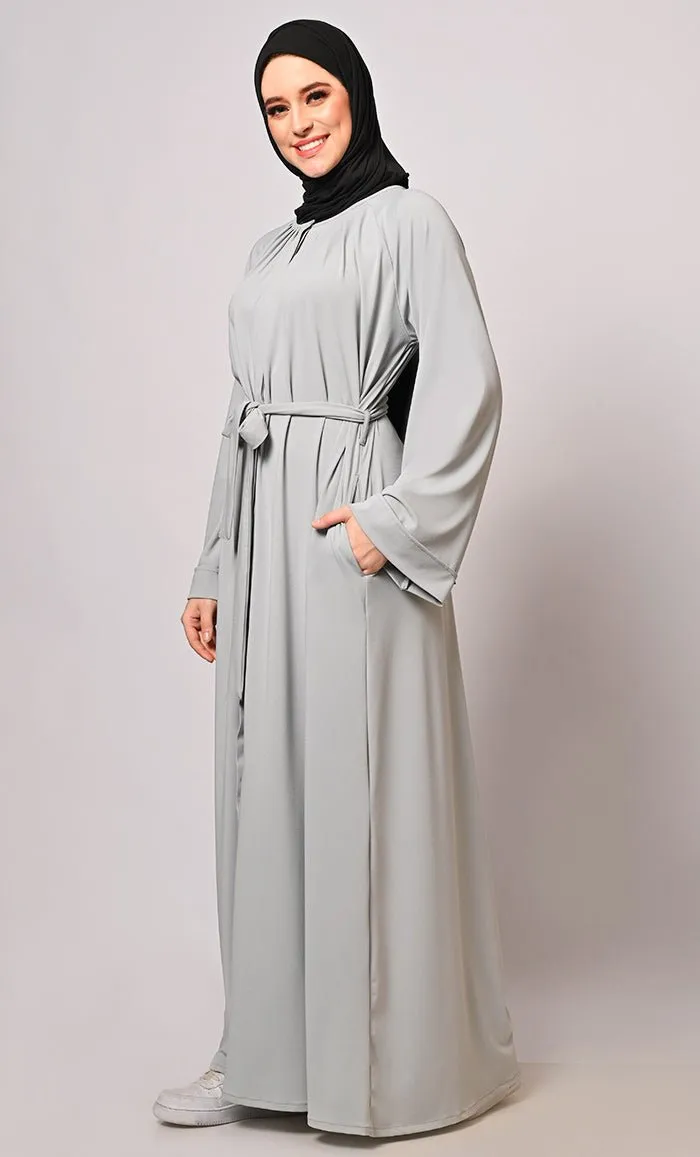 Chic Pleats and Belt: Grey Abaya with Pockets