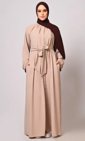 Chic Pleats and Belt:  Sand Abaya with Pockets - Final Sale