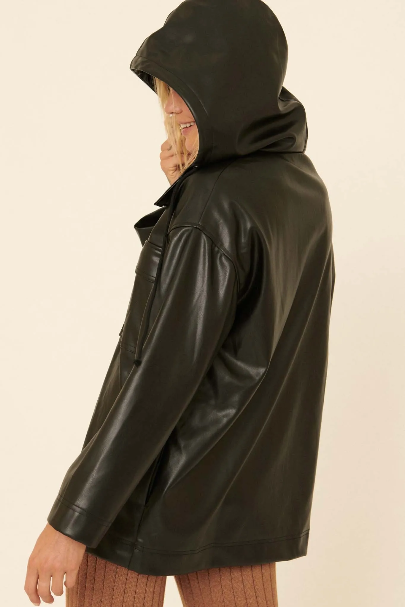 City Life Hooded Vegan Leather Pullover Jacket