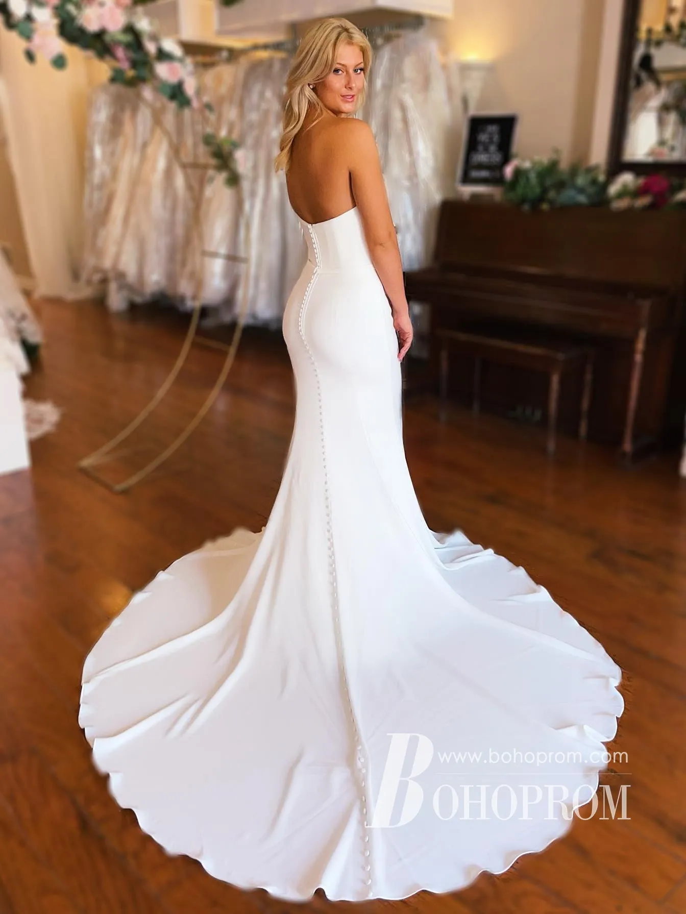 Classic Strapless Chapel Train Mermaid Long Satin Wedding Dresses WD657