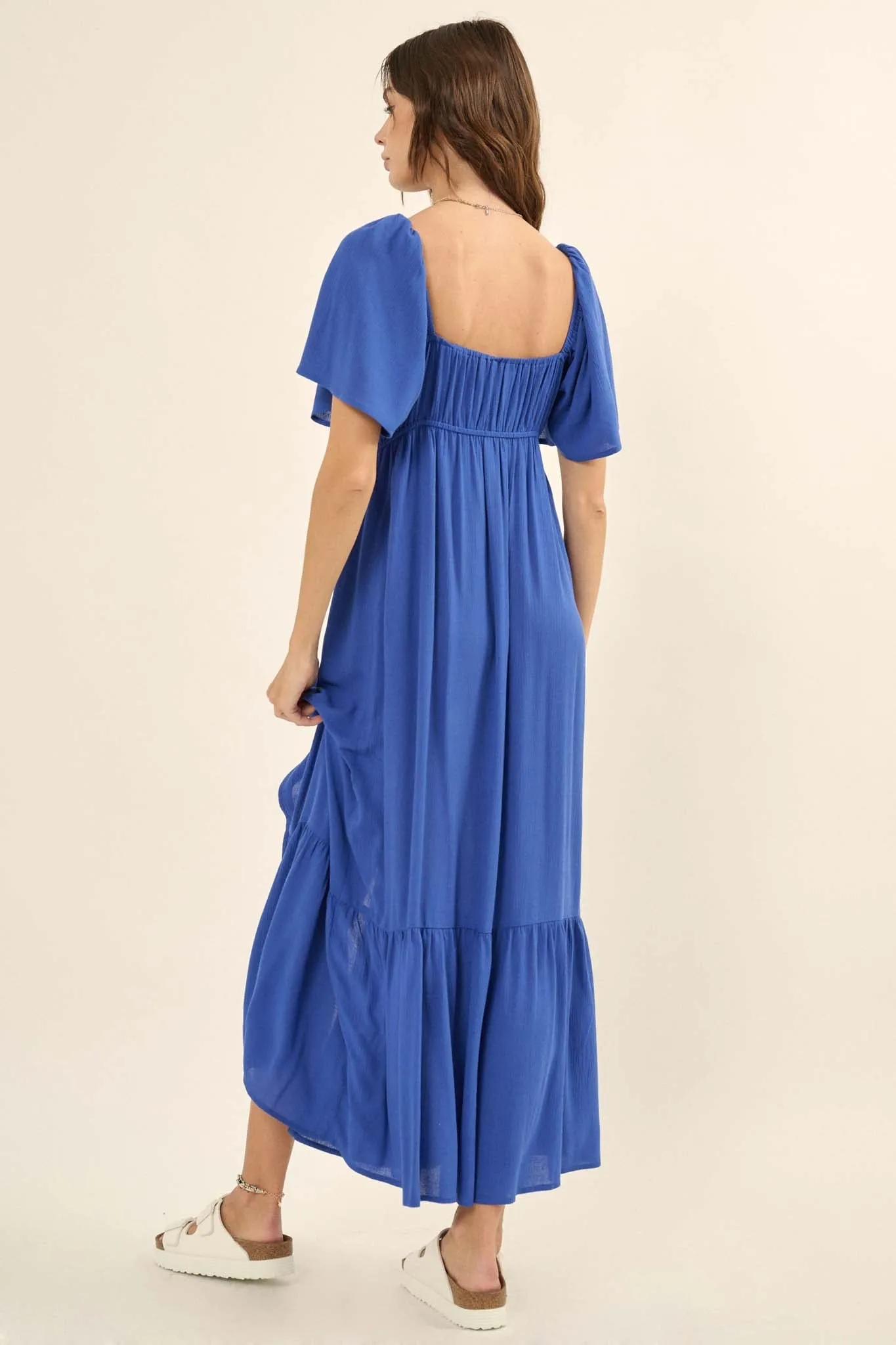 Coastal Retreat Ruched Button-Front Maxi Dress