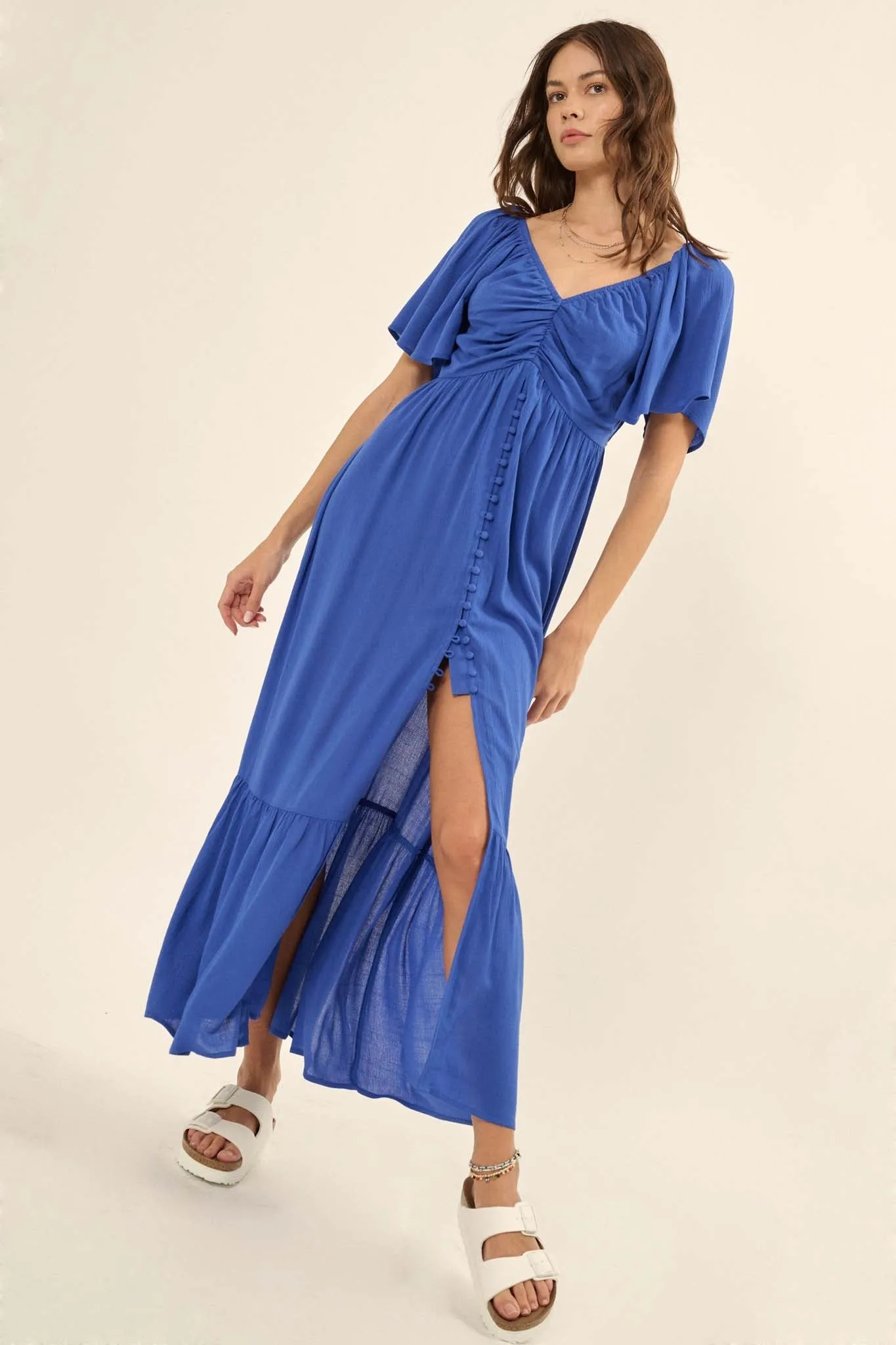 Coastal Retreat Ruched Button-Front Maxi Dress