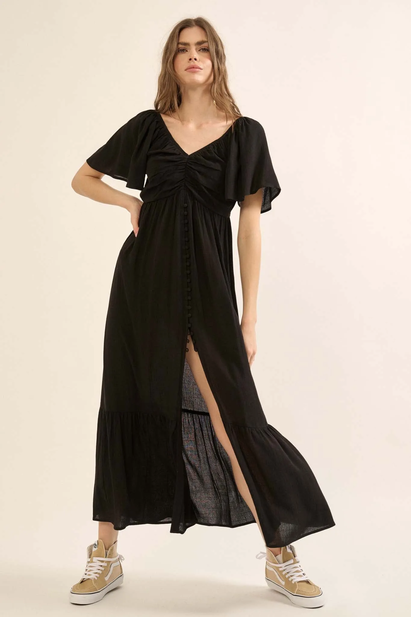 Coastal Retreat Ruched Button-Front Maxi Dress