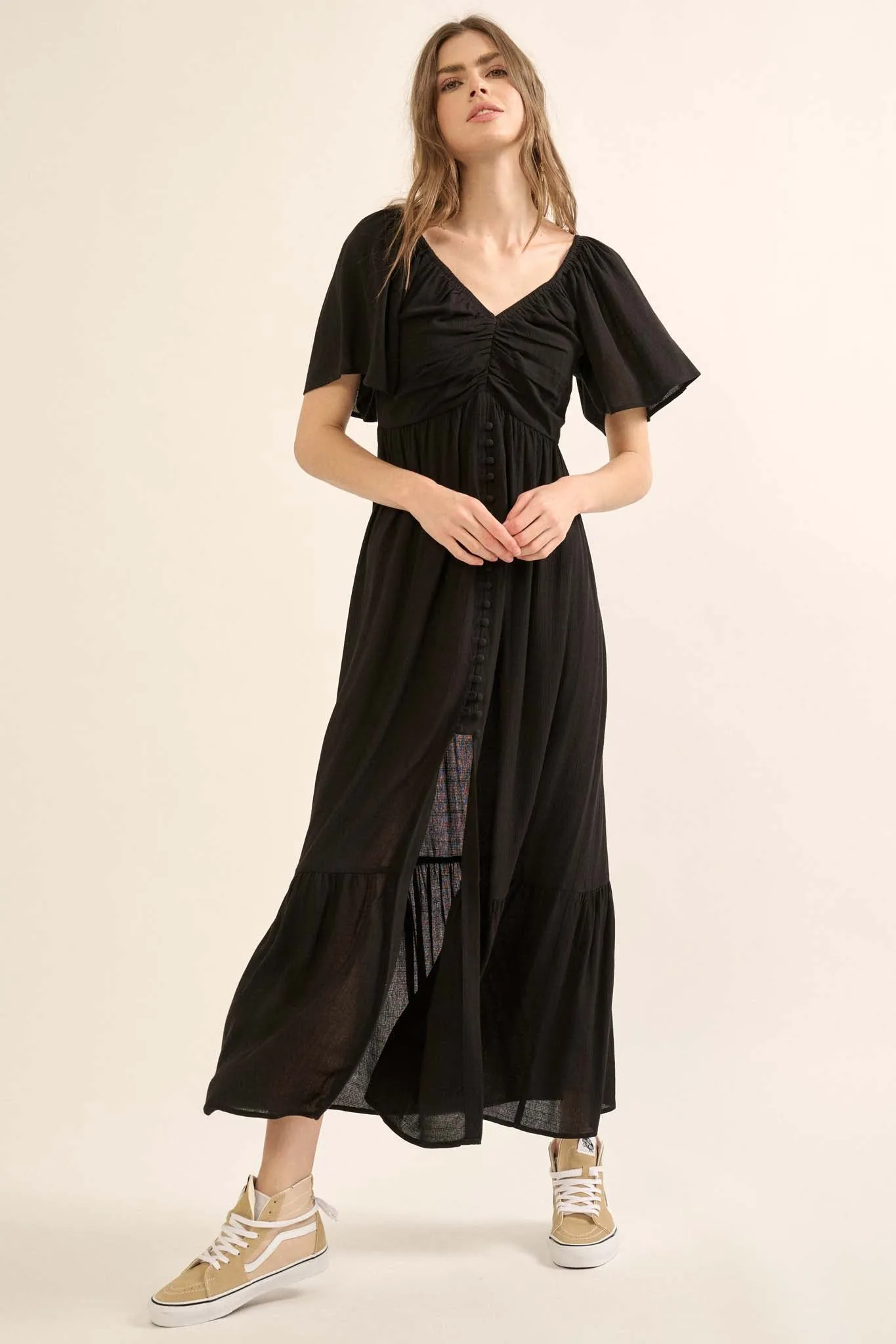 Coastal Retreat Ruched Button-Front Maxi Dress