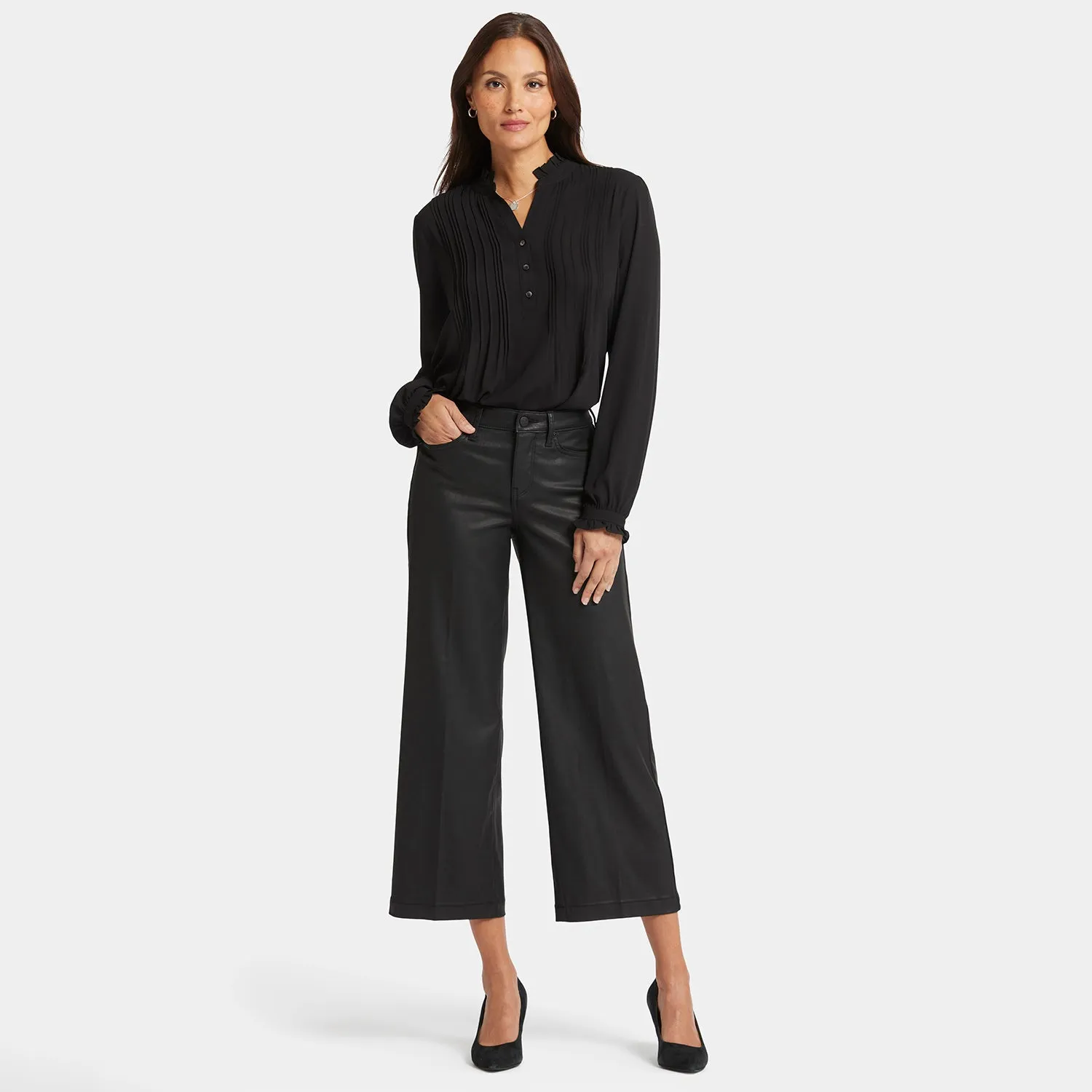 Coated Teresa Wide Leg Ankle Jeans - Black Coated