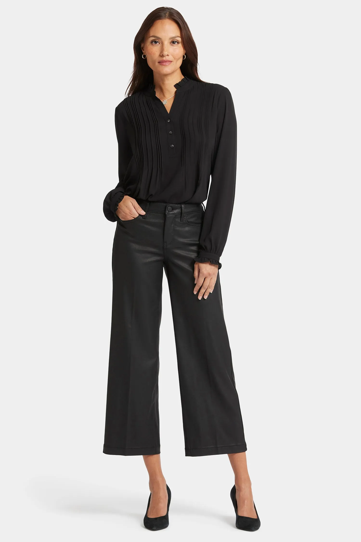 Coated Teresa Wide Leg Ankle Jeans - Black Coated