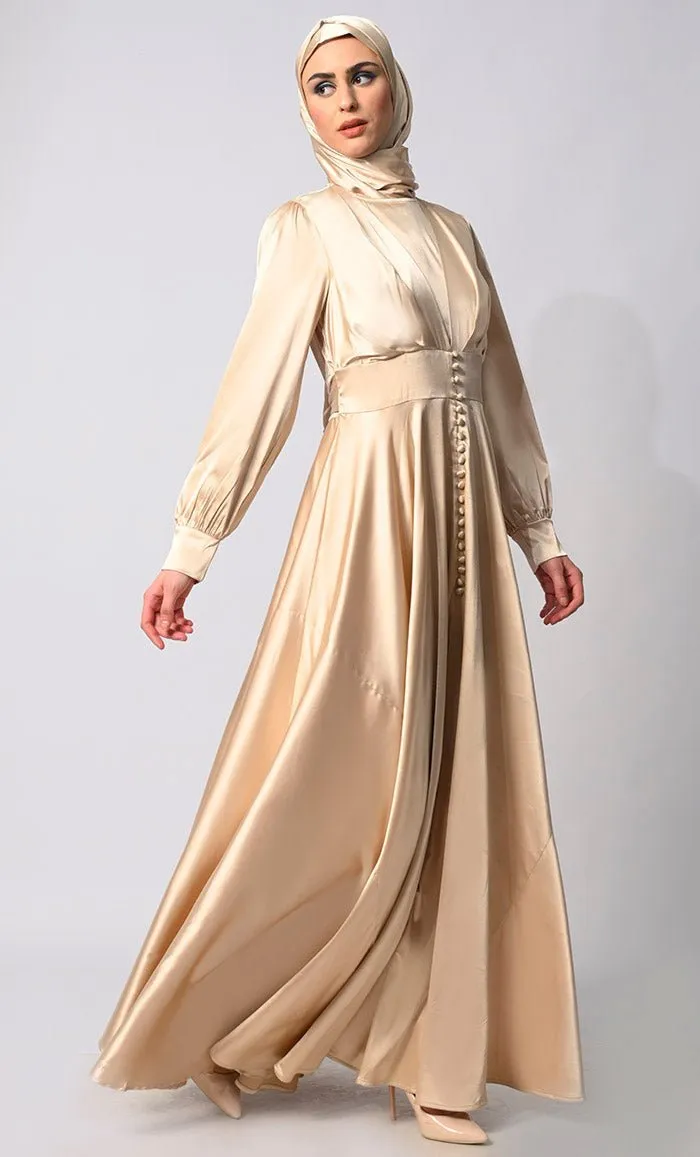 Contemporary Couture: Golden Satin Flared Abaya with front Pleating and show Buttons - Final Sale