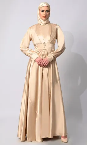 Contemporary Couture: Golden Satin Flared Abaya with front Pleating and show Buttons - Final Sale