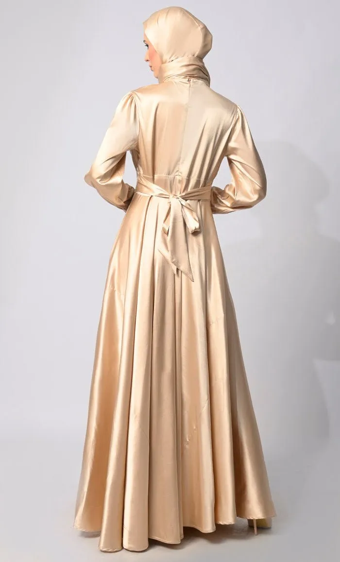 Contemporary Couture: Golden Satin Flared Abaya with front Pleating and show Buttons - Final Sale