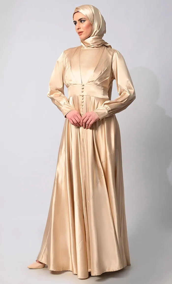 Contemporary Couture: Golden Satin Flared Abaya with front Pleating and show Buttons - Final Sale