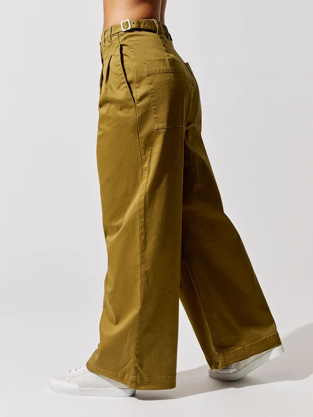 Cotton Twill Wide Leg Pants - Olive