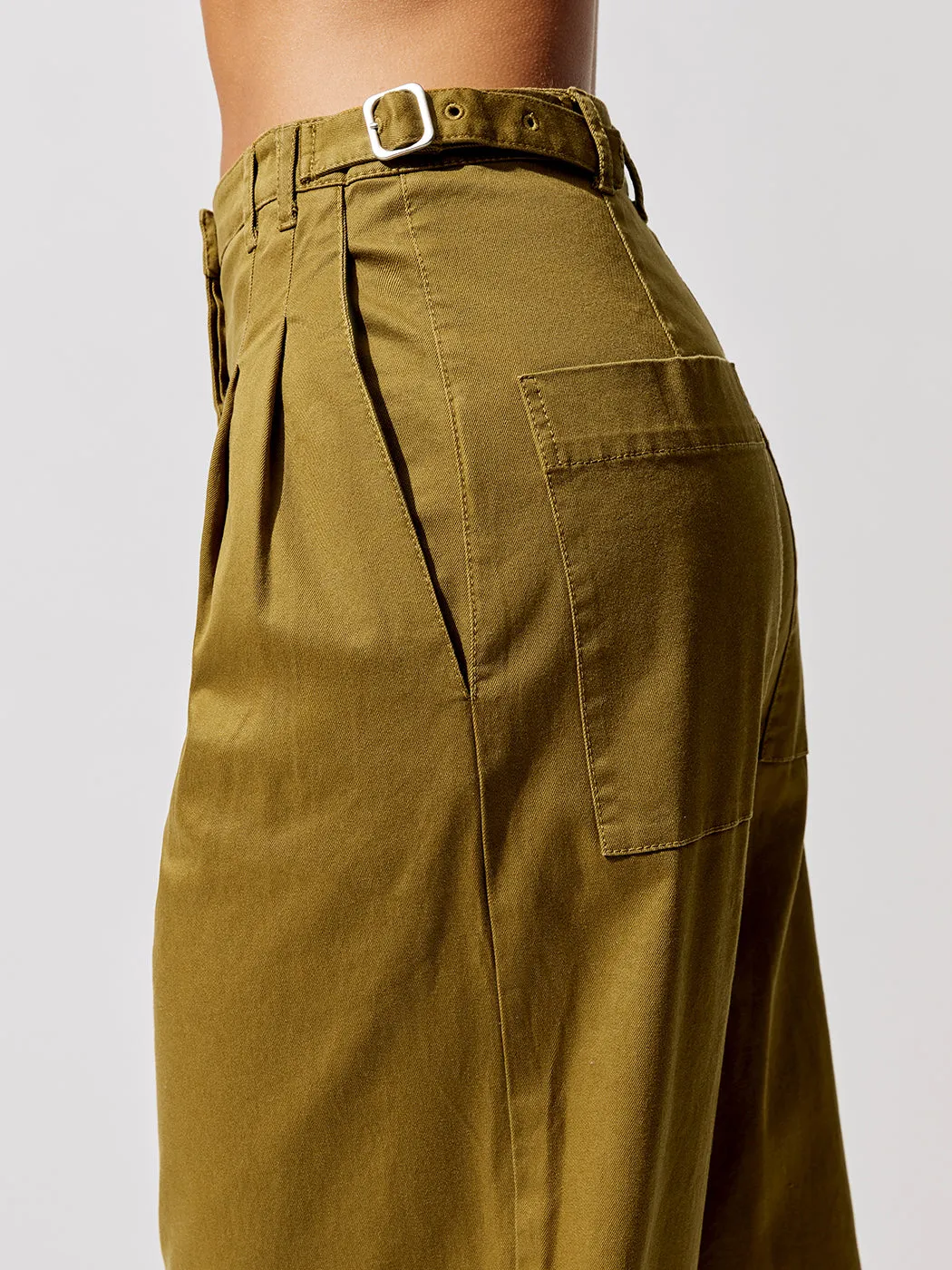 Cotton Twill Wide Leg Pants - Olive