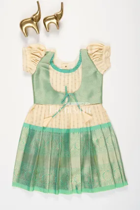 Cream and Green Semi Kanchivaram Silk Frock with Golden Stripes and Brocade Border for Girls