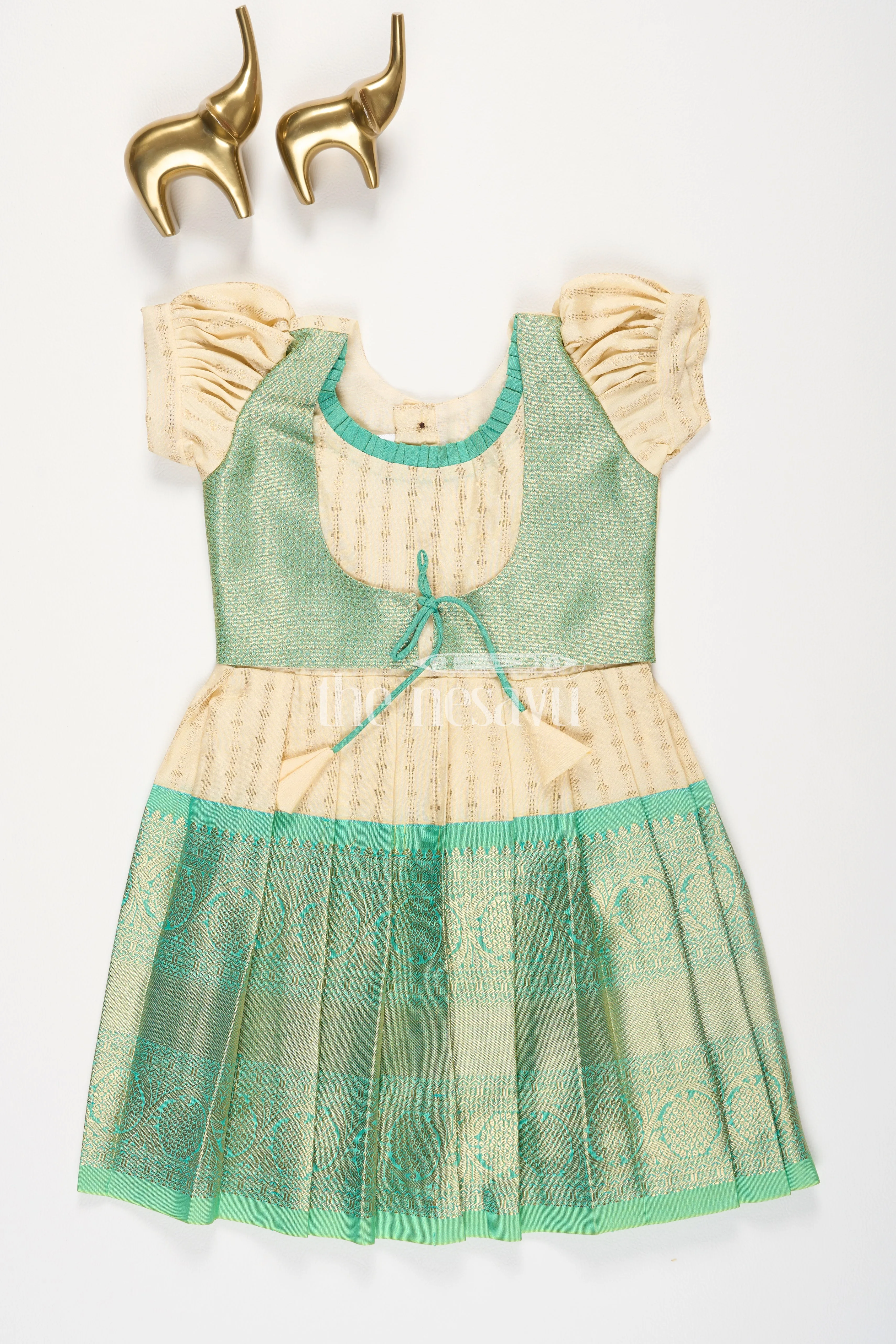 Cream and Green Semi Kanchivaram Silk Frock with Golden Stripes and Brocade Border for Girls