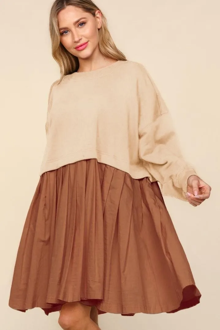 Cream/Rust Bubble Long Sleeve Cotton Pleated Skirt Dress