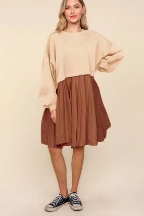 Cream/Rust Bubble Long Sleeve Cotton Pleated Skirt Dress