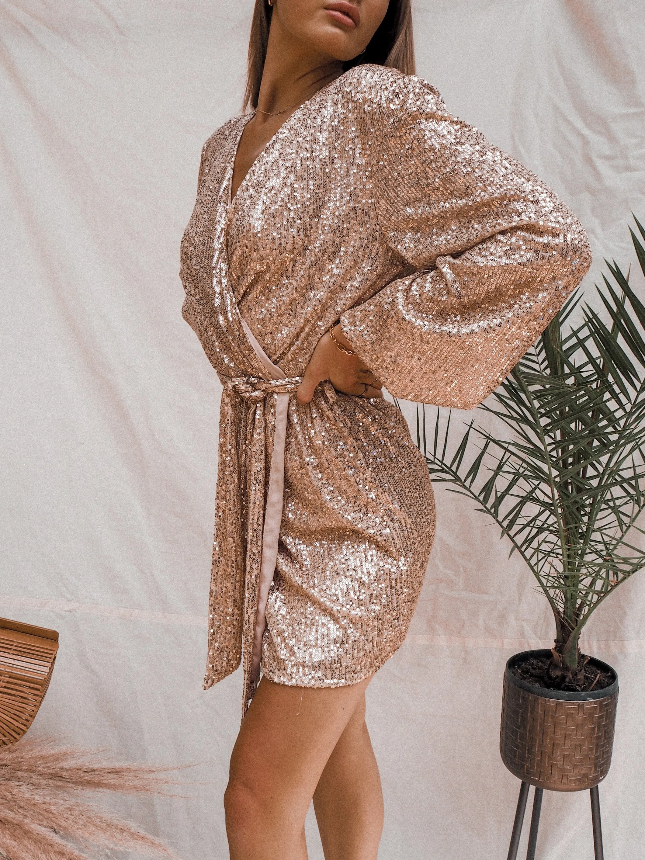 Dani Sequin Wrap Dress / Rose Gold