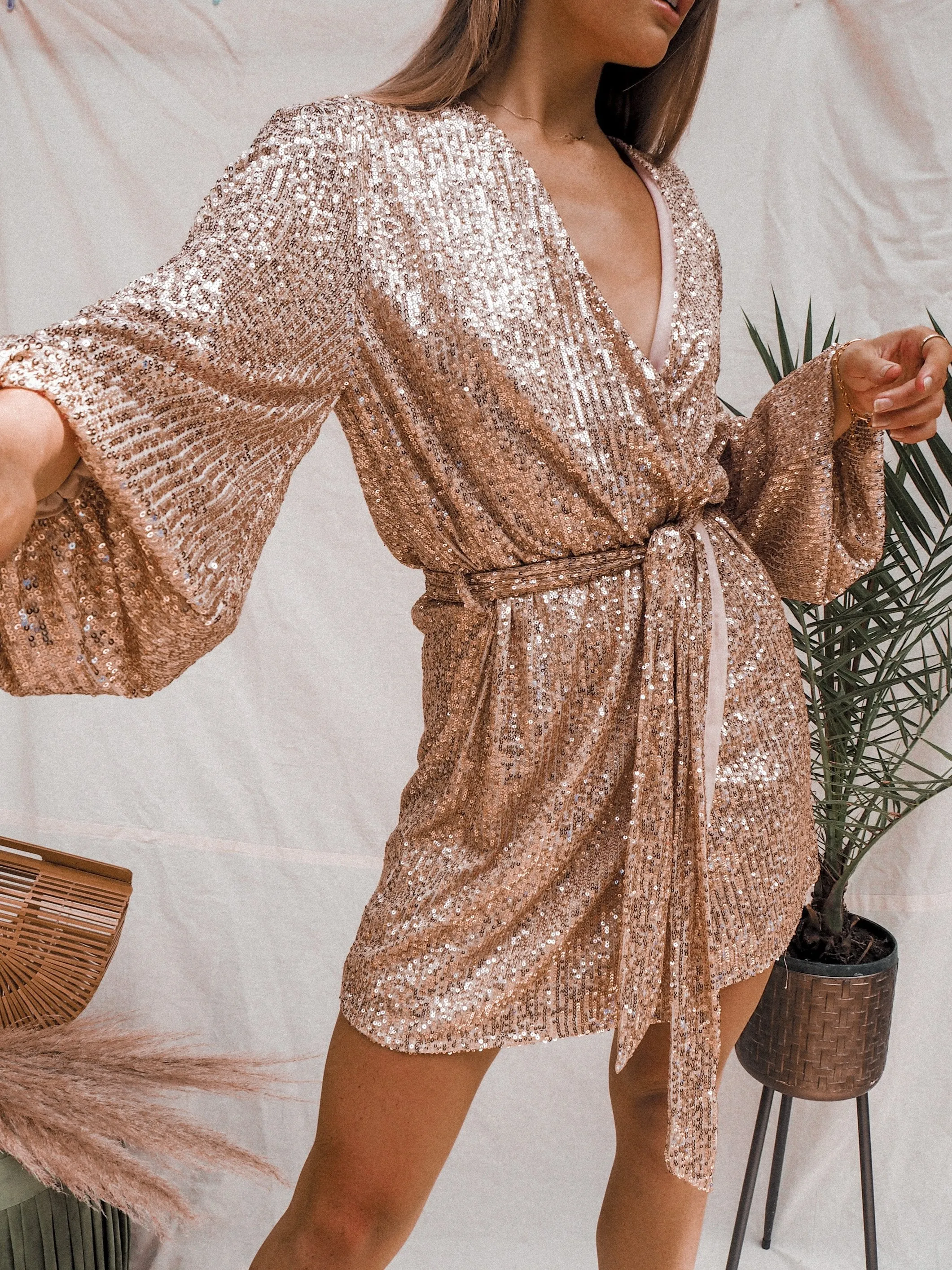 Dani Sequin Wrap Dress / Rose Gold